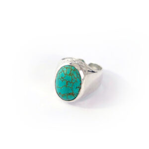 Bague Ancienne En Argent Massif 925 Avec Turquoise - Taille 55.5 - Pierre Synthétique - Style Vintage Rectangle
