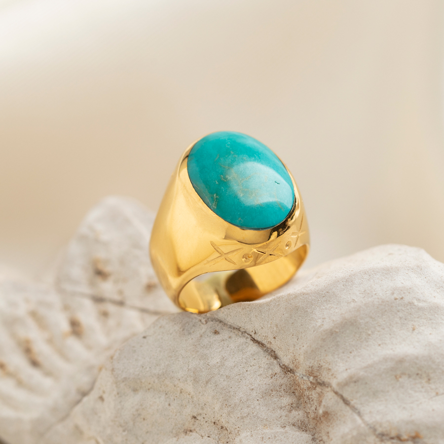 Bague Ouverte Réglable Turquoise - Plaqué Or 18 Carats - Style Bohème, Indien - Cadeau Femme, Fille, Anniversaire